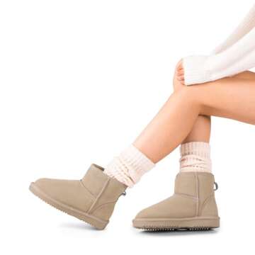 DREAM PAIRS Snow Boots for Women Genuine Suede Faux Fur Lining Water Resistant Anti-Slip Warm Winter Booties Slip On Memory Foam Comfort Ankle Boots FuzzyClassicⅡ Low Boots,Size 6.5,Sand,SDSB2432W