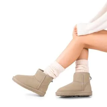 DREAM PAIRS Snow Boots for Women Genuine Suede Faux Fur Lining Water Resistant Anti-Slip Warm Winter Booties Slip On Memory Foam Comfort Ankle Boots FuzzyClassicⅡ Low Boots,Size 6.5,Sand,SDSB2432W