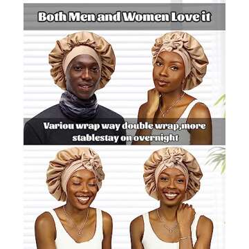 Satin Bonnet Silk Bonnet for Sleeping Silk Sleep Cap Double Layer Hair Bonnet with Elastic Tie Band for Curly Hair Night Cap (Coffee + Champagne)