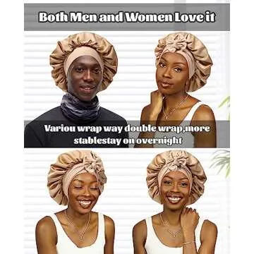 Satin Bonnet Silk Bonnet for Sleeping Silk Sleep Cap Double Layer Hair Bonnet with Elastic Tie Band for Curly Hair Night Cap (Coffee + Champagne)