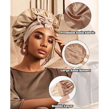 Satin Bonnet Silk Bonnet for Sleeping Silk Sleep Cap Double Layer Hair Bonnet with Elastic Tie Band for Curly Hair Night Cap (Coffee + Champagne)