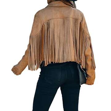 ebossy Women's Suede Fringe Jacket Long Sleeve Slim Faux Leather Boyfriend Cropped Top with Tassles (X-Large,Brown)