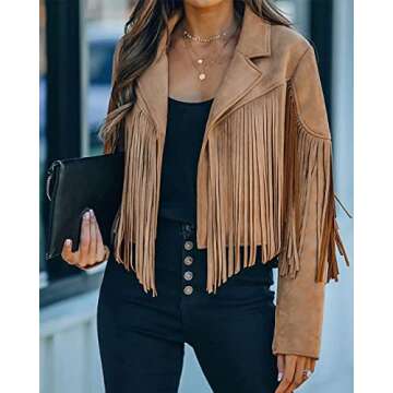 ebossy Women's Suede Fringe Jacket Long Sleeve Slim Faux Leather Boyfriend Cropped Top with Tassles (X-Large,Brown)
