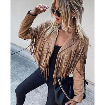 ebossy Women's Suede Fringe Jacket Long Sleeve Slim Faux Leather Boyfriend Cropped Top with Tassles (X-Large,Brown)
