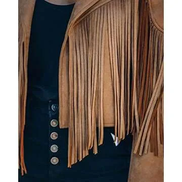 ebossy Women's Suede Fringe Jacket Long Sleeve Slim Faux Leather Boyfriend Cropped Top with Tassles (X-Large,Brown)