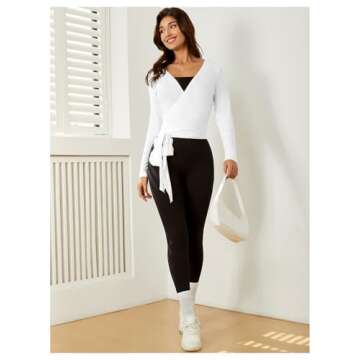 SweatyRocks Women's 2 Pack Yoga Shirts Wrap Ruched Tie Front Long Sleeve Workout T Shirts Black and White Medium