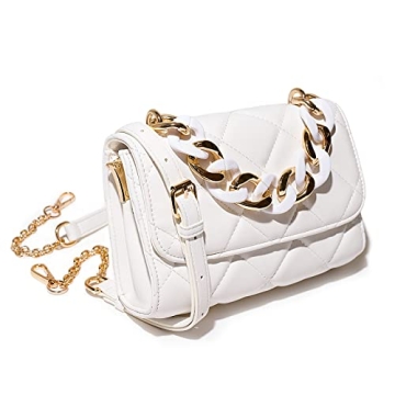 Luxury Quilted White Crossbody Bag with Gold Chain - Vegan Leather Purse