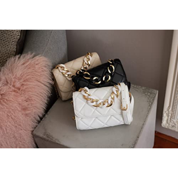Quilted White Crossbody Bag Vegan Leather Gold Chain Purse