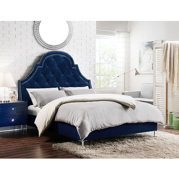 Iconic Home Napoleon Bed Frame with Wingback Headboard Velvet Upholstered Button Tufted Silver Nail ...