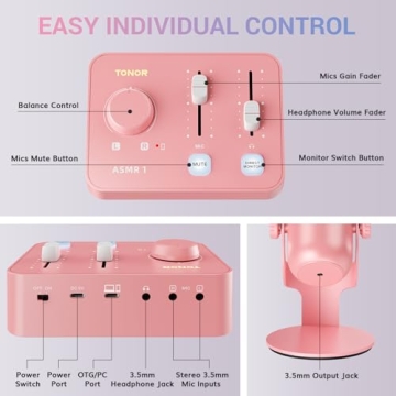 TONOR ASMR Microphone Equipment Bundle with Audio Interface, Immersive 3D Stereo Audio, Dual Condenser Mics with Audio Mixer, Clear Sound, Volume Control, with Furry Windscreens, Set for ASMR, Pink