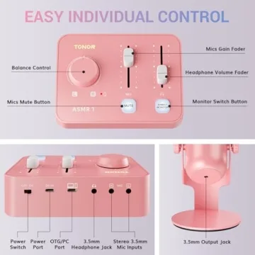 TONOR ASMR Microphone Equipment Bundle with Audio Interface, Immersive 3D Stereo Audio, Dual Condenser Mics with Audio Mixer, Clear Sound, Volume Control, with Furry Windscreens, Set for ASMR, Pink
