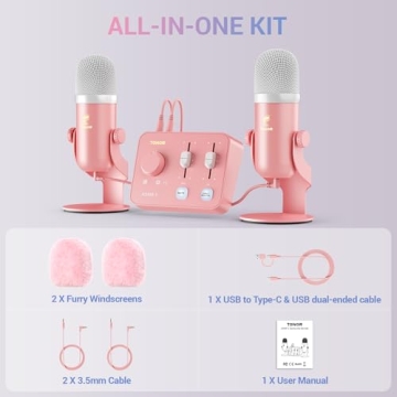 TONOR ASMR Microphone Equipment Bundle with Audio Interface, Immersive 3D Stereo Audio, Dual Condenser Mics with Audio Mixer, Clear Sound, Volume Control, with Furry Windscreens, Set for ASMR, Pink