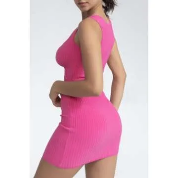 CHYRII Womens Sexy Summer Two Piece Outfits Square Neck Going Out Crop Tops Bodycon Skirt Sets Mini Dress Hot Pink S