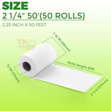 TK Thermal King, (50 Rolls) 2 1/4" 50' feet White Paper Cash Register POS Receipt, Fits All Credit Card Terminal Great For Cashier Receipt Small Business Premium Quality