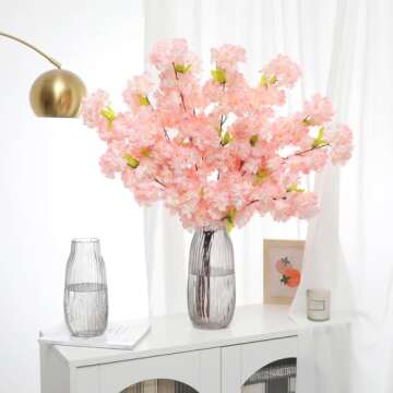 Tifuly Artificial Cherry Blossom Branches - 4 pcs Long Stems Flowers 42.52 inches Fake Silk Bouquet Faux Cherry Blossom Flowers Arrangements for Party Office Home Wedding Decor（Peach Pink）