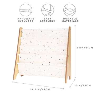 3 Sprouts Recycled Fabric Kids Bookshelf – 4-Tier Sling Book Rack Storage - Kids Room Book Shelves, Nursery, Playroom, Classroom - Bookcase Display Shelf for Toddler, Children Age 3+ - Terrazzo Cream