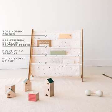 3 Sprouts Recycled Fabric Kids Bookshelf – 4-Tier Sling Book Rack Storage - Kids Room Book Shelves, Nursery, Playroom, Classroom - Bookcase Display Shelf for Toddler, Children Age 3+ - Terrazzo Cream