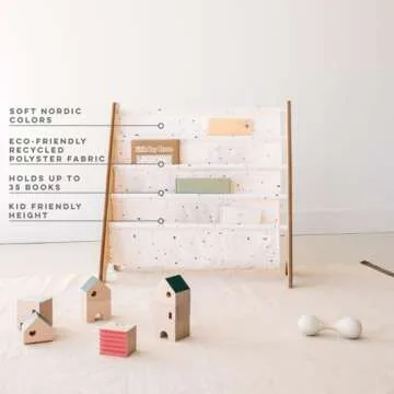 3 Sprouts Recycled Fabric Kids Bookshelf – 4-Tier Sling Book Rack Storage - Kids Room Book Shelves, Nursery, Playroom, Classroom - Bookcase Display Shelf for Toddler, Children Age 3+ - Terrazzo Cream