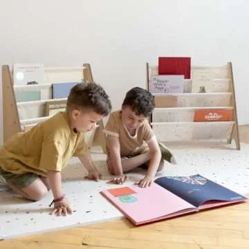 3 Sprouts Recycled Fabric Kids Bookshelf – 4-Tier Sling Book Rack Storage - Kids Room Book Shelves, Nursery, Playroom, Classroom - Bookcase Display Shelf for Toddler, Children Age 3+ - Terrazzo Cream