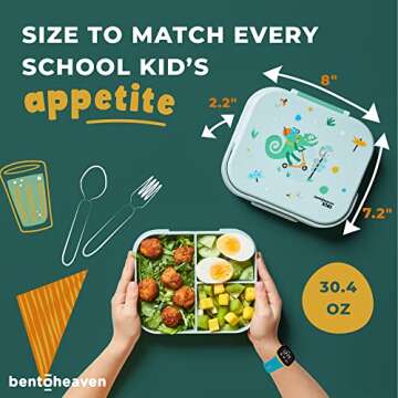 Bentoheaven Premium Bento Lunch Box for Kids, 9 Designs, Leak-proof 3-4 Compartments, Divider, Ideal size 30oz, Microwave/Dishwasher Safe Kids Bento Box (Loncheras Para Niños/Niñas)[Green]