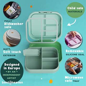 Bentoheaven Premium Bento Lunch Box for Kids, 9 Designs, Leak-proof 3-4 Compartments, Divider, Ideal size 30oz, Microwave/Dishwasher Safe Kids Bento Box (Loncheras Para Niños/Niñas)[Green]