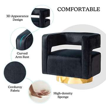 TINA'S HOME Swivel Accent Barrel Chair, Modern Curved Open Back Swivel Accent 3D Barrel Velvet Chair with Gold Metal Base, Club Arm Chair Upholstered Sofa Lounge for Living Room (Black)