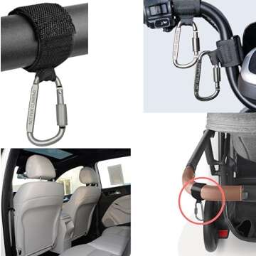 2 Pcs Baby Stroller Hook with Locking Mechanism, Carry 30 lbs per Stroller Carabiner Clip, Adjustable Baby Stroller & Car Seat Hook for Hanging Diaper Bag, Golf, Shopping and Pet Cart