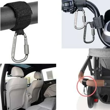 2 Pcs Baby Stroller Hook with Locking Mechanism, Carry 30 lbs per Stroller Carabiner Clip, Adjustable Baby Stroller & Car Seat Hook for Hanging Diaper Bag, Golf, Shopping and Pet Cart