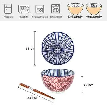 Selamica Ceramic Ramen Bowls Set, 15 OZ Noodle Bowls for Kitchen with Chopsticks, Deep Soup Bowls fo...