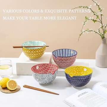 Selamica Ceramic Ramen Bowls Set, 15 OZ Noodle Bowls for Kitchen with Chopsticks, Deep Soup Bowls for Japanese Ramen Udon Soba, Microwave Dishwasher Safe, Set of 4, Assorted Colors