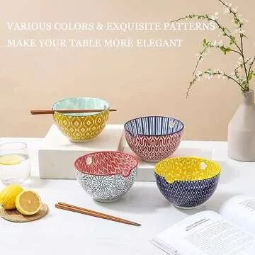 Selamica Ceramic Ramen Bowls Set, 15 OZ Noodle Bowls for Kitchen with Chopsticks, Deep Soup Bowls for Japanese Ramen Udon Soba, Microwave Dishwasher Safe, Set of 4, Assorted Colors