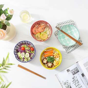Selamica Ceramic Ramen Bowls Set, 15 OZ Noodle Bowls for Kitchen with Chopsticks, Deep Soup Bowls for Japanese Ramen Udon Soba, Microwave Dishwasher Safe, Set of 4, Assorted Colors