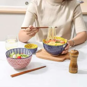 Selamica Ceramic Ramen Bowls Set, 15 OZ Noodle Bowls for Kitchen with Chopsticks, Deep Soup Bowls for Japanese Ramen Udon Soba, Microwave Dishwasher Safe, Set of 4, Assorted Colors