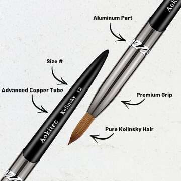 Aokitec Acrylic Nail Brush Size 14, Pure Kolinsky Hair Bristles Sturdy Wooden Handle Oval Crimped Sable Acrylic Brush Wood Nail Art Brush for Acrylic Powder Application Manicure Tool（Black）