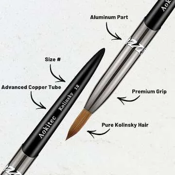 Aokitec Acrylic Nail Brush Size 14, Pure Kolinsky Hair Bristles Sturdy Wooden Handle Oval Crimped Sable Acrylic Brush Wood Nail Art Brush for Acrylic Powder Application Manicure Tool（Black）