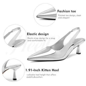 heelchic Women Slingback Pumps Shoes Slip On Kitten Heel Office Shoes Pointed Toe Work Dress Shoes Silver 9