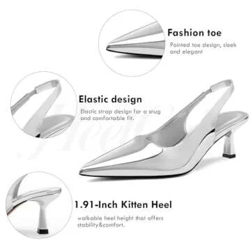 heelchic Women Slingback Pumps Shoes Slip On Kitten Heel Office Shoes Pointed Toe Work Dress Shoes Silver 9