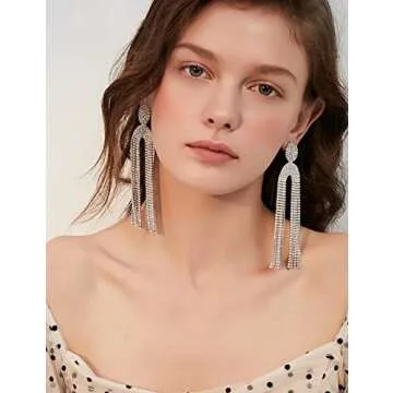 Uncle J Gold/Silver Rhinestone Crystal Long Tassel Dangle Earrings-Fringe Chain Chandelier Drop Earrings for Women, Wedding, Gifts