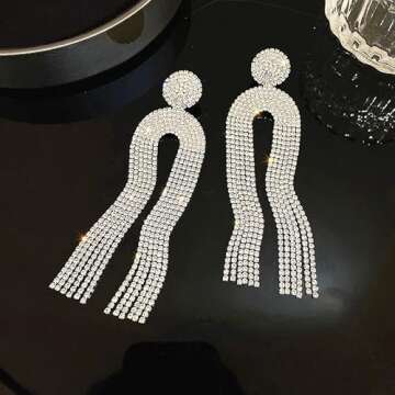 Uncle J Gold/Silver Rhinestone Crystal Long Tassel Dangle Earrings-Fringe Chain Chandelier Drop Earrings for Women, Wedding, Gifts