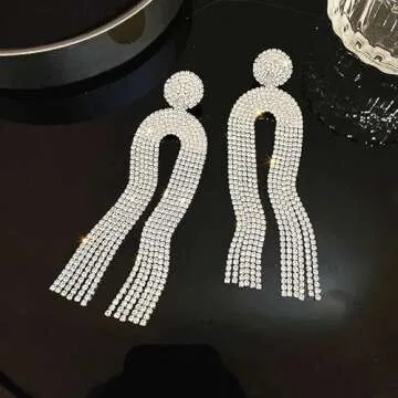 Uncle J Gold/Silver Rhinestone Crystal Long Tassel Dangle Earrings-Fringe Chain Chandelier Drop Earrings for Women, Wedding, Gifts