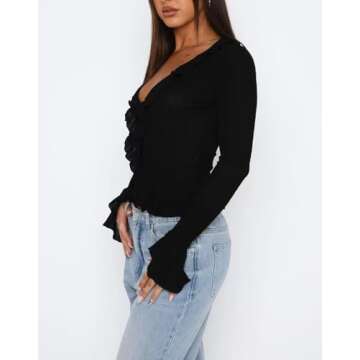 Womens Deep V Neck Shirt Bell Long Sleeve Button Down Blouses Solid Color Y2K Crop Shirts Top L Black