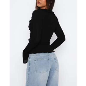 Womens Deep V Neck Shirt Bell Long Sleeve Button Down Blouses Solid Color Y2K Crop Shirts Top L Black