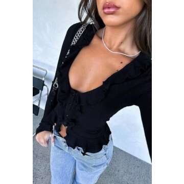 Womens Deep V Neck Shirt Bell Long Sleeve Button Down Blouses Solid Color Y2K Crop Shirts Top L Black