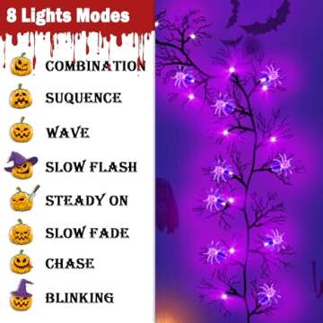 [Upgrade] 6ft 54LED Halloween Lights Indoor Decorations for Wall, Purple Lights with 18 Spiders Freely Bendable, Halloween Wall Decor Garland with Timer 8 Modes, Lighted Vine Twig for Home Party