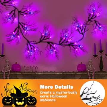 [Upgrade] 6ft 54LED Halloween Lights Indoor Decorations for Wall, Purple Lights with 18 Spiders Freely Bendable, Halloween Wall Decor Garland with Timer 8 Modes, Lighted Vine Twig for Home Party