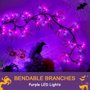 [Upgrade] 6ft 54LED Halloween Lights Indoor Decorations for Wall, Purple Lights with 18 Spiders Freely Bendable, Halloween Wall Decor Garland with Timer 8 Modes, Lighted Vine Twig for Home Party