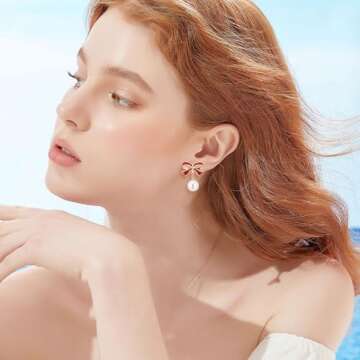 lightning+deals+Of+Today+Prime+Clearance Bow Earrings for Women Pearl Drop Dangle Bowknot Earrings 14K Gold Hypoallergenic Bow Stud Jewelry Trendy Gifts