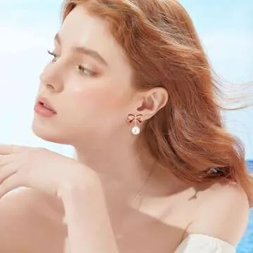 lightning+deals+Of+Today+Prime+Clearance Bow Earrings for Women Pearl Drop Dangle Bowknot Earrings 14K Gold Hypoallergenic Bow Stud Jewelry Trendy Gifts