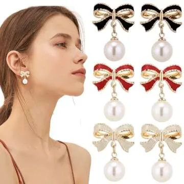 lightning+deals+Of+Today+Prime+Clearance Bow Earrings for Women Pearl Drop Dangle Bowknot Earrings 14K Gold Hypoallergenic Bow Stud Jewelry Trendy Gifts