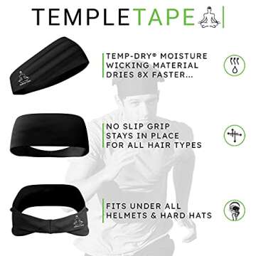 Temple Tape Headbands for Men and Women - Mens Sweatband & Sports Headband Moisture Wicking Workout Sweatbands for Running, Crossfit, Yoga and Bike Helmet Friendly - Black